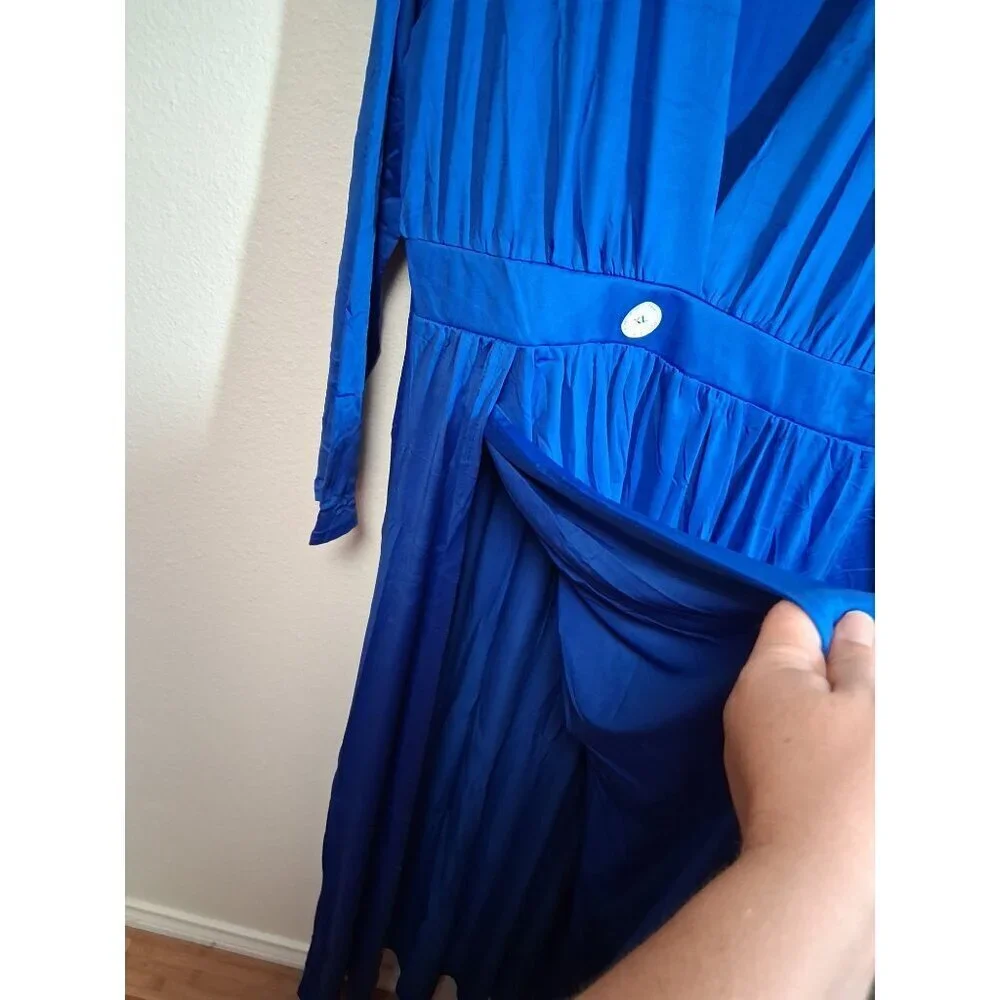 NWT Sexy Blue Dress Deep V Neck High Slit Long Sleeve Party Dance Size XL